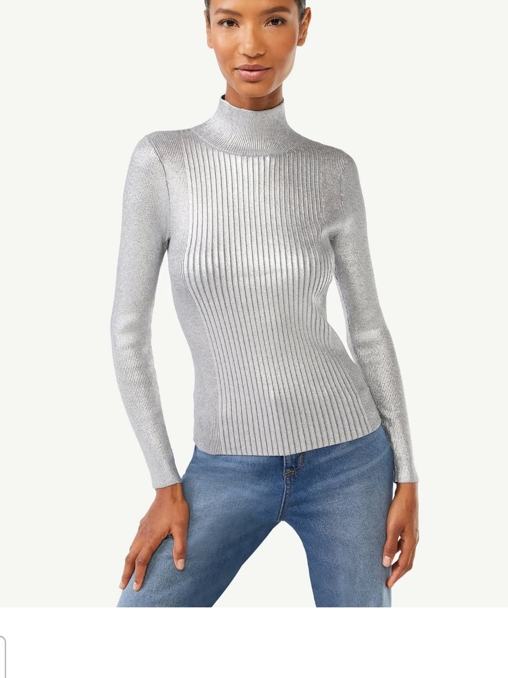 Metallic Silver Ribbed Turtleneck Sweater